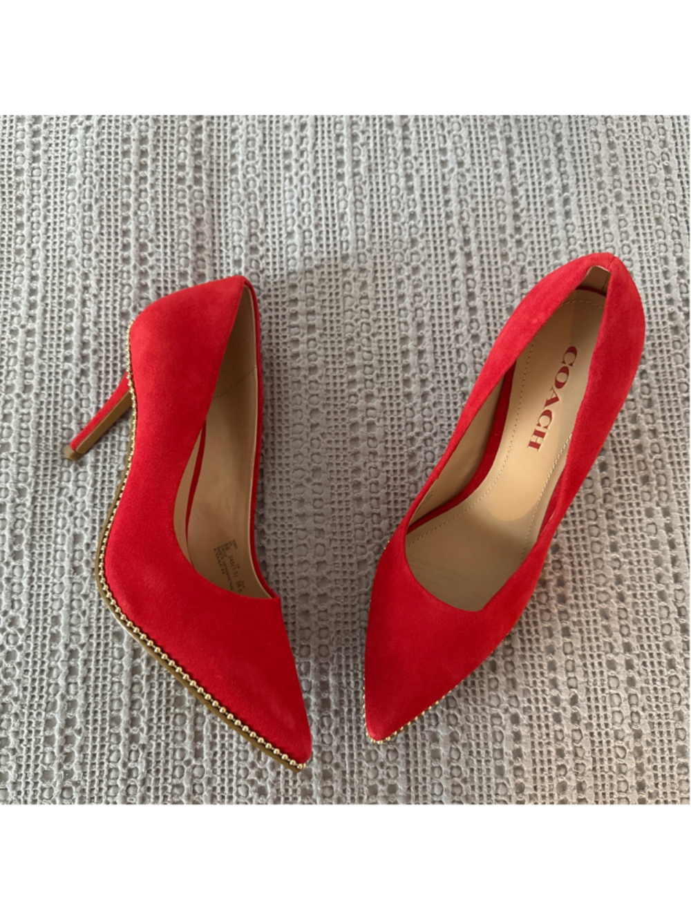 Women's Coach Red Suede Pointed Toe Heels with Gold Studs, Size 8